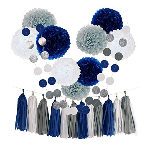Product Cover Tissue Paper Flowers Pom Poms Party Decorations Navy Blue White Grey Tassel Garland for Wedding Bridal Shower Graduation Bachelorette Celebrate First Birthday Graduate Supplies (Navy Blue-White-Grey)