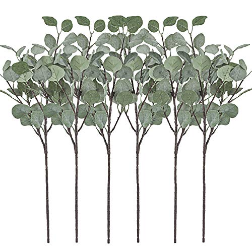 Product Cover Artificial Greenery Stems 6 Pcs Straight Silver Dollar Eucalyptus Leaf Silk Greenery Bushes Plastic Plants Floral Greenery Stems for Home Party Wedding Decoration