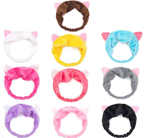 Product Cover GuoZhiXin 10pcs Elastic Cat Ear Headbands, Headband for Women Wash Face Makeup Running Sport Spa Party, Lake Blue, Rose, Watermelon, Coffee, Grey, Pink, Yellow, Purple, Black, White, Large