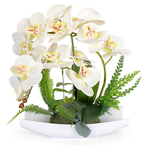Product Cover YOBANSA Orchid Bonsai Artificial Flowers with Imitation Porcelain Flower Pots Phalaenopsis Fake Flowers Arrangements for Home Decoration (White 1)