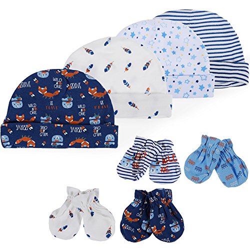 Product Cover Lictin Newborn Baby Cotton Caps Mittens - 100% Cotton 4pcs Baby Cotton Caps Hats and 4 Pairs Baby Scratch Mittens Gloves for Baby Boy(0-6 Months) (Blue)