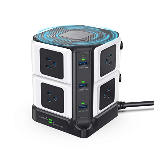 Product Cover BESTEK 1500 Joules Surge Protector with Wireless Charger 8-Outlet Power Strip Tower with 40W 6-Port USB Charging Station,6 Feet Extension Cord,ETL Listed