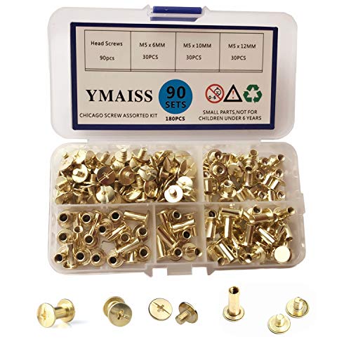 Product Cover YMAISS 90 Sets Chicago Screws 3 Size 1/4,3/8,1/2in Brass Plated Screw Posts Bookbinding Posts Binding Screw Chicago Button Post Rivets Screw Belt Screws Leather Photo Albums Screw Phillip Head,Gold