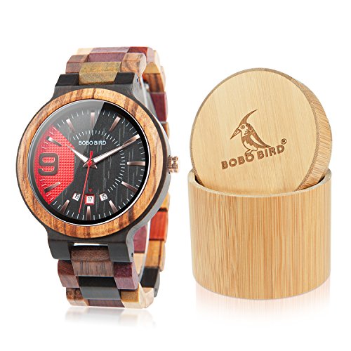 Product Cover BOBO BIRD Men's Colorful Wooden Watches Analog Quartz Date Display Wood Watch Handmade Luxury Casual Wristwatch with Gifts Box for Men