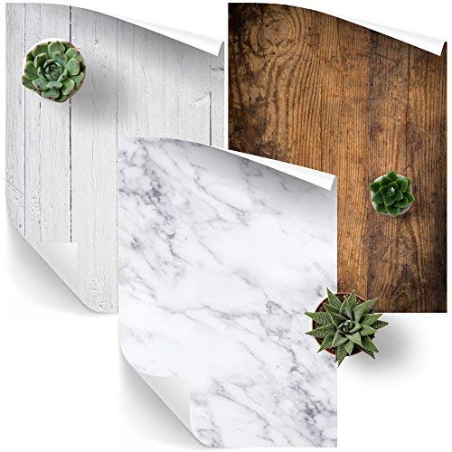 Product Cover Vinyl Photography Backdrop 3-Pack for Product, Flat Lay & Food Photography - Natural Wood, White Wood & White Marble ~2 x 3ft / 23 x 35in