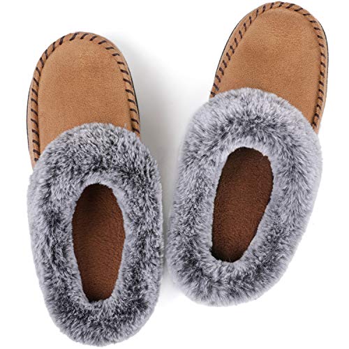 Product Cover ULTRAIDEAS Women's Cozy Memory Foam Moccasin Suede Slippers with Fuzzy Plush Faux Fur Lining, Ladies' Slip on House Shoes with Indoor Outdoor Anti-Skid Rubber Sole,Tan,9-10