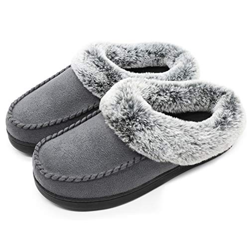 Product Cover ULTRAIDEAS Women's Cozy Memory Foam Moccasin Suede Slippers with Fuzzy Plush Faux Fur Lining, Ladies' Slip on House Shoes with Indoor Outdoor Anti-Skid Rubber Sole,Dark Gray,7-8