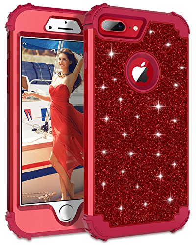 Product Cover Lontect Compatible iPhone 8 Plus Case Luxury Glitter Sparkle Bling Heavy Duty Hybrid Sturdy Armor High Impact Shockproof Protective Cover Case for Apple iPhone 8 Plus/iPhone 7 Plus - Red