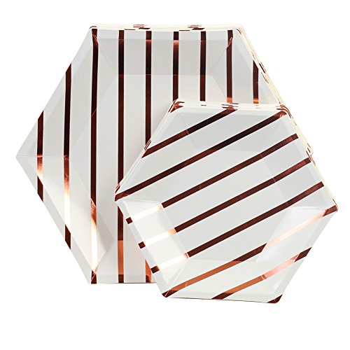 Product Cover Andaz Press Rose Gold Foil Striped Paper Party Plate Sets, Hexagon Shape, 10.5-inch 7.5-inch, 36-Pack, Bulk Geometric Disposable Modern Party Tableware Décor for Kids Birthday, Graduation, Wedding