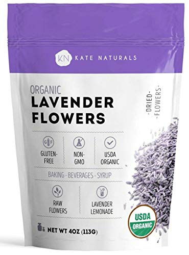 Product Cover Organic Lavender Flowers - Kate Naturals. Premium Grade. Dried. Perfect for Tea, Lemonade, Baking, Baths. Fresh Fragrance. Large Resealable Bag. Gluten-Free, Non-GMO. (4 oz (Starter Size))