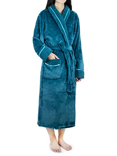 Product Cover Deluxe Women Fleece Robe with Satin Trim | Luxurious Plush Spa Bathrobe Waffle Design (L/XL, Sea Blue)