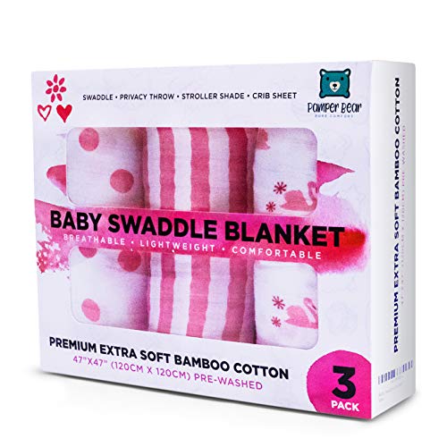 Product Cover Pamper Bear [Set of 3] Muslin Bamboo Swaddle Blankets for Newborn Baby Girls - Soft Receiving Blankets Girl - Pink Flamingo Wrap Swaddles - Organic Swaddling for Infant Girl