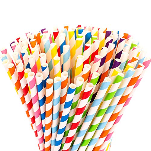 Product Cover Hiware 200-Pack Biodegradable Paper Straws - 8 Different Colors Rainbow Stripe Paper Drinking Straws - Bulk Paper Straws for Juices, Shakes, Smoothies, Party Supplies Decorations