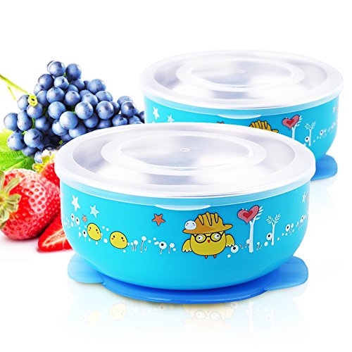 Product Cover Baby Mate 2PCS Detachable Double Layer Baby Bowls with Suction and Lids (12oz/350ml, Blue) - Suction Bowl for Toddlers Steel - Suction Baby Bowl - Baby Feeding Bowls Spill Proof Bowl for Kids Feeding