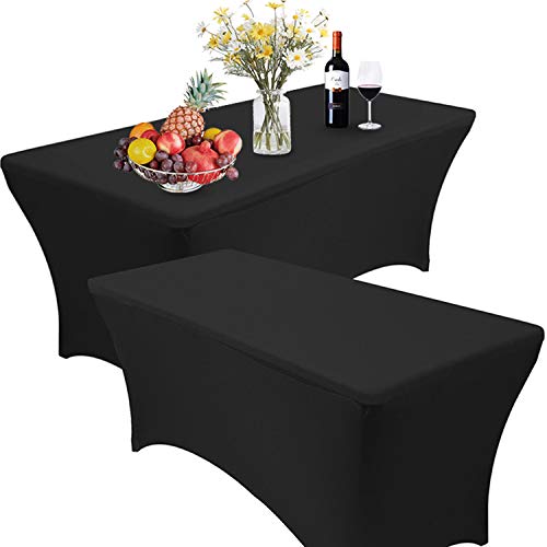 Product Cover RELIANCER 2 Pack 8FT Rectangular Spandex Table Cover Four-Way Tight Fitted Stretch Tablecloth Table Cloth for Outdoor Party DJ Tradeshow Banquet Vendor Wedding Celebration (2PC 8FT, Black)