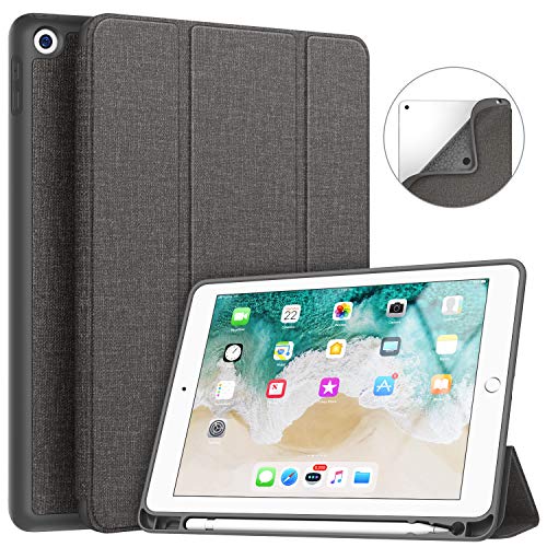 Product Cover Soke iPad 9.7 2018/2017 Case with Pencil Holder, Smart iPad Case Trifold Stand with Shockproof Soft TPU Back Cover and Auto Sleep/Wake Function for iPad 9.7 inch 5th/6th Generation, Dark Grey
