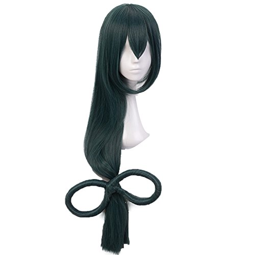 Product Cover Anogol Hair Cap+Anime Cosplay Wig Dark Green Long Straight Synthetic Hair With Bow Wigs For Women Costume