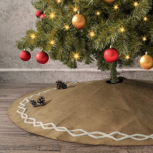 Product Cover Ivenf Christmas Tree Skirt, 48 inches Large Natural Burlap Jute Plain with Hand-Sewn White Lace Decor, Rustic Xmas Tree Holiday Decorations