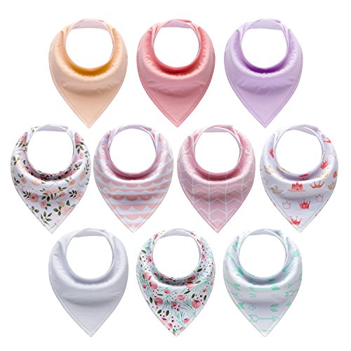 Product Cover 10-Pack Baby Bandana Drool Bibs for Girls with Adjustable Snaps, Organic Cotton Soft and Absorbent Newborn Baby Shower Gift, Toddler Girl Solid Color Bibs for Drooling and Teething by MiiYoung