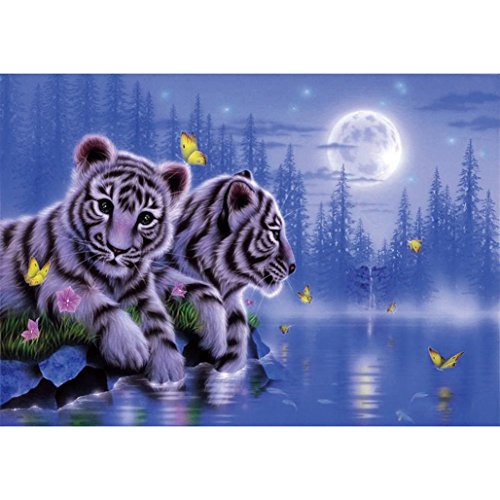 Product Cover HOT Sale ! 5D Diamond DIY Painting Full Drill Handmade White Tiger Mother Child Under Moonlight Starry Sky Cross Stitch Home Decor Embroidery Kit ❤️ ZYEE (A)