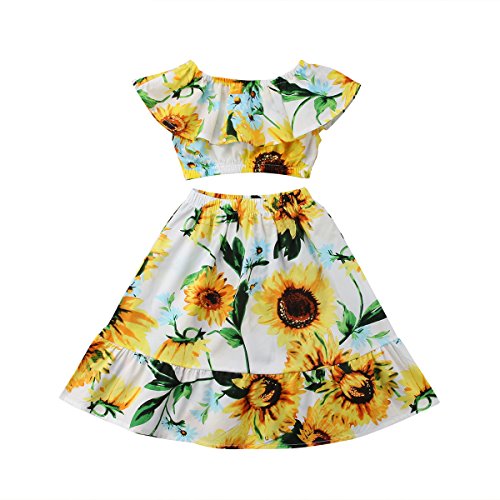 Product Cover 2Pcs Kids Baby Toddler Girl Sunflower Outfits Off Shoulder Crop Tops + Skirt Clothes Set