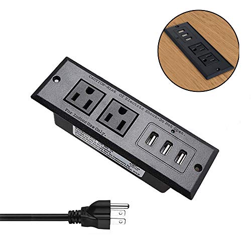 Product Cover Desktop Power Strip with USB Recessed Power Socket,Conference Table Power Outlet Grommet,Desk Power Strip with 2 US Plugs and 3 USB Ports, Multi-Protection&6.5ft Cable for Office,Kitchen,Hotel(Black)
