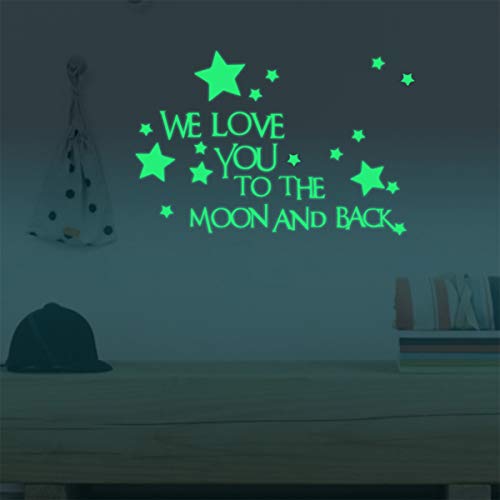 Product Cover Nursery Wall Decals Luminous Words Sticker at Night - WE Love You to The Moon and Back - Words Glow in The Dark with Stars Around Wallpaper for Kids Bedroom Ceiling