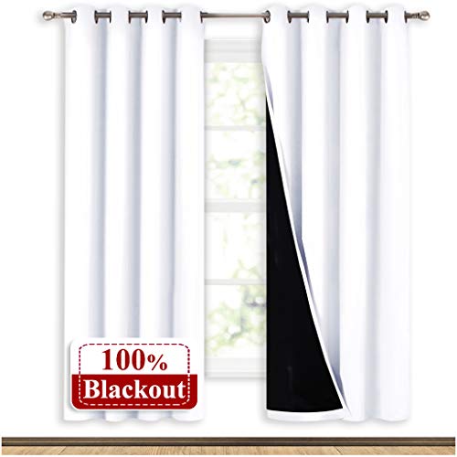Product Cover NICETOWN 100% Blackout Window Curtain Panels, Full Light Blocking Drapes with Black Liner for Nursery, 72-inch Drop Thermal Insulated Draperies (White, 2 Pieces, 52-inch Wide Per Panel)