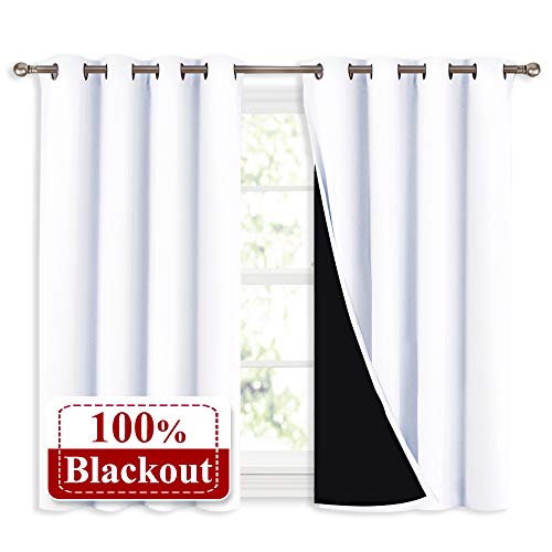 Product Cover NICETOWN White 100% Blackout Curtains 45 inches Long, 2 Thick Layers Completely Blackout Window Treatment Thermal Insulated Lined Drapes for Small Window (1 Pair, 52 inches Width Each Panel)
