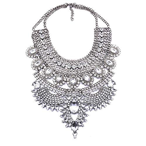 Product Cover NABROJ Costume Chunky Silver Necklace with Clear Crystal Bib Choker Flower Pendant Necklace Collar Bridal Drag Queen Jewelry 1 Pc-HL23 Silver