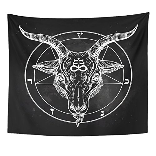 Product Cover Emvency Tapestry Pentagram with Demon Baphomet Satanic Goat Head Binary Symbol Tattoo Retro Music Summer for Biker Black Home Decor Wall Hanging for Living Room Bedroom Dorm 50x60 inches