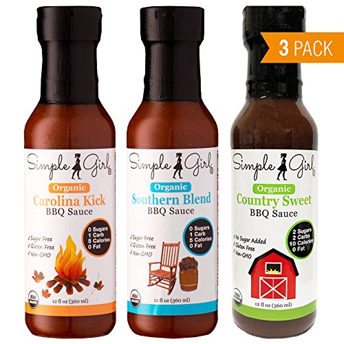 Product Cover Simple Girl Organic BBQ sauces - 3 Variety Pack - 12oz each -  Carolina Kick - Country Sweet - Southern Blend - Organic, Kosher and Gluten Free - Full of Flavor - Diet Friendly Barbecue Sauces