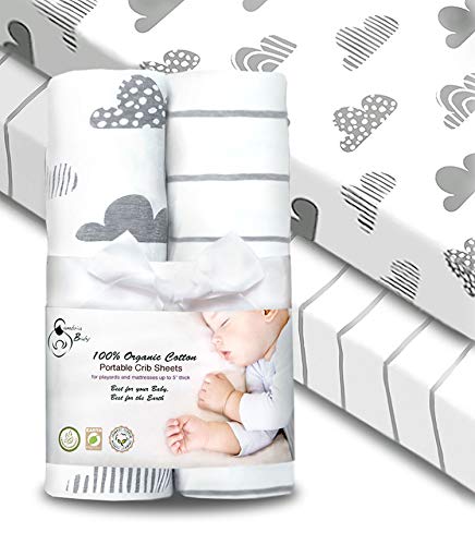Product Cover Cambria Baby 100% Organic Cotton Pack n Play Mini Crib Sheet 2 Pack, Grey and White in Modern Bold Designs. Unisex for Both Boys' and Girls Nursery (Clouds and Stripes) for up to 5