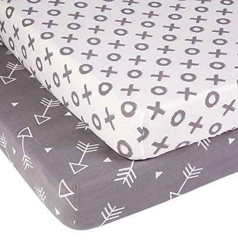 Product Cover BORITAR Crib Sheets Soft Stretchy Jersey Knit 2 Pack, Semi-Waterproof Portable Mattress Covers for Boys with Grey Arrow and Circle Printed