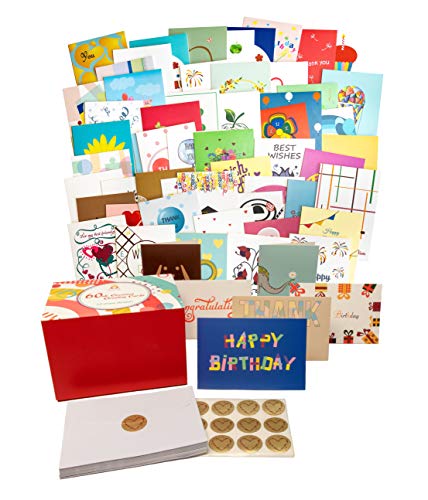 Product Cover 60 Original Unique Greeting Cards Assortment for All Occasions with 60 Mother of Pearl Color Envelopes & 60 Gold Heart Shaped Stickers in Magnetic Gift Box