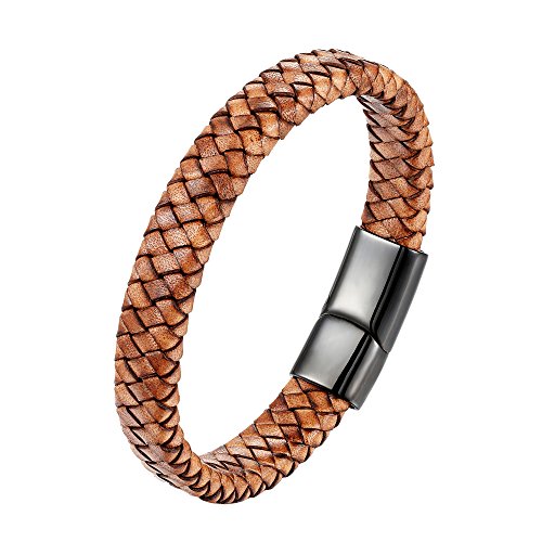 Product Cover CHOMAY Braided Genuine Leather Bracelet Stainless Steel Clasp Bangle Wrist Cuff Gift Box