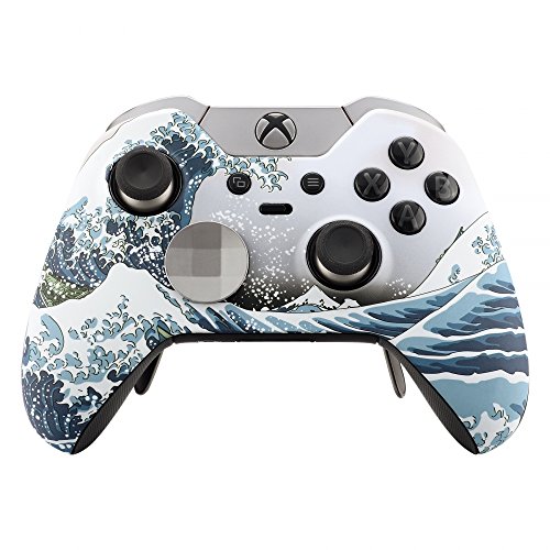 Product Cover eXtremeRate Patterned Front Housing Shell Faceplate for Xbox One Elite Controller Model 1698 with Thumbstick Accent Rings - The Great Wave