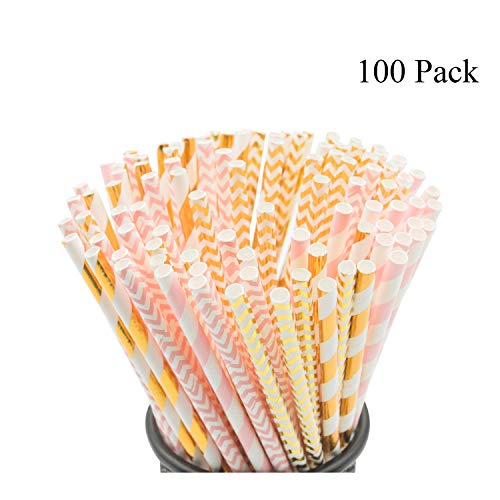 Product Cover Biodegradable Paper Straws, 100 Pink Straws/Gold Straws for Party Supplies, Birthday, Wedding, Bridal/Baby Shower Decorations and Holiday Celebrations