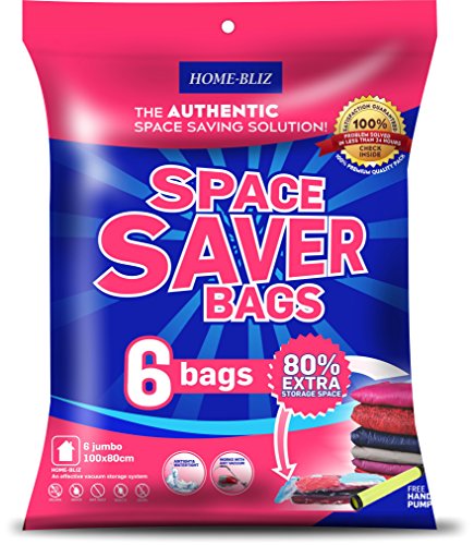 Product Cover Home-Bliz Vacuum Storage Bags (6pack 40 x 30 Inches) Premium Reusable Space Saver Compression Sealer Bags Jumbo Extra Large XL size for clothing bedding blankets!+ FREE Hand-Pump for Trave