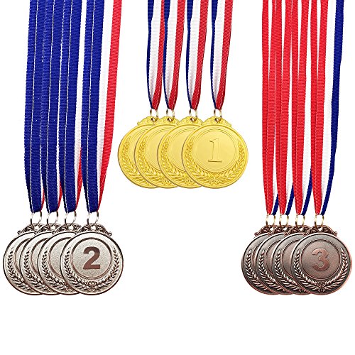 Product Cover MOMOONNON 12 Pieces Metal Winner Gold Silver Bronze Award Medals With Neck Ribbon, Olympic Style, 2 Inches