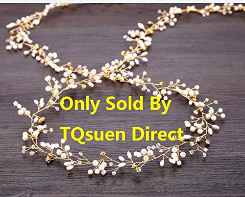 Product Cover TQsuen Bridal Hair Vines Crystals Wedding Headpieces, 20 Inches Handmade Crystal Pearl Wedding Evening Party Headpiece Head Band Bride Wedding Hair Accessories for Bridesmaid and Flowergirls, Gold