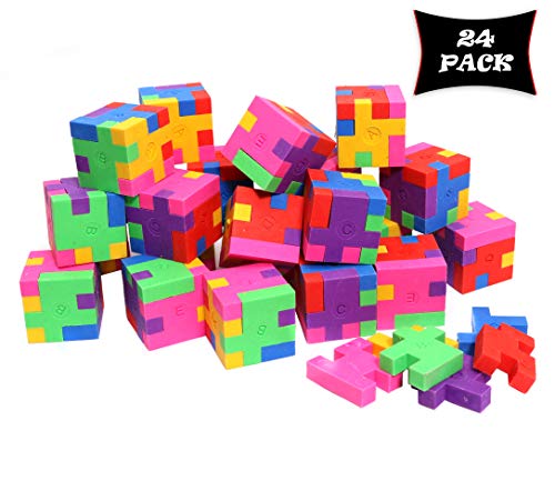 Product Cover Smart Novelty Cube Puzzle Erasers for Kids School Supplies and Party Favors - Bulk Pack of 24 Colorful Mini Geometric Erasers