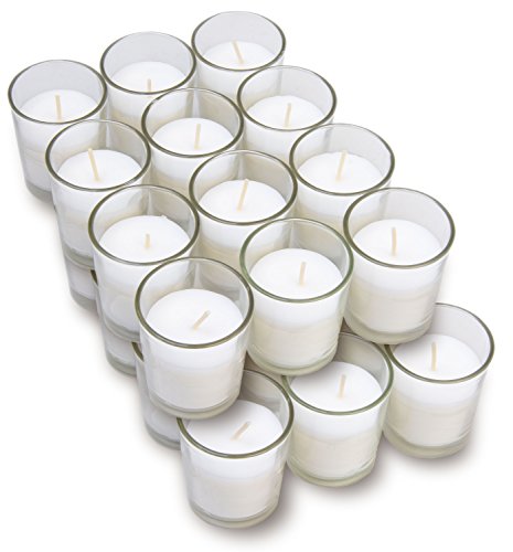 Product Cover Harmonic Blossom Glass Votives 24 Pack - Premium White Unscented Votive Candles in Clear Elegant Holders - 15 Hour Long Lasting Burn Time - for Weddings, Parties and Event Decoration Centerpieces
