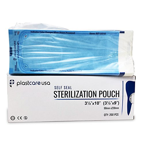 Product Cover 200 Self Sterilization Pouches for Cleaning Tools, Autoclave Sterilizer Bags for Dental Offices, Pouch for Dentist Tools Measuring 3.5 by 10 Inches, 1 Box of Paper Blue Film