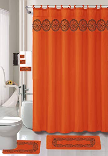 Product Cover Luxury Home Collection 18 Pc Bath Rug Set Embroidery Non-Slip Bathroom Rug Mats And Rug Contour And Shower Curtain And Towels And Rings Hooks And Towels New (Orange)