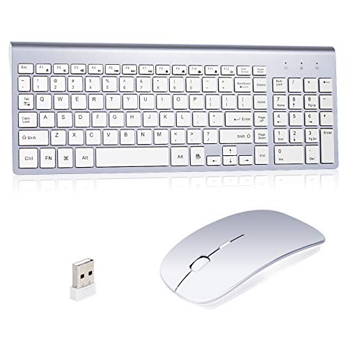 Product Cover Wireless Keyboard and Mouse Combo, Kang RUI 2.4G USB Full Size Ultra Slim Compatible with MAC PC Laptop Ultra-Thin Laptop Desktop, Available for Windows OS Android DPI800/12200/1800 Mute (Silvery-2)