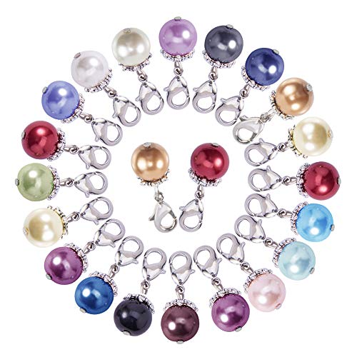 Product Cover PandaHall Elite 54 Pcs 18 Colors Round Glass Pearl Dangle Charms Pendant with Lobster Claw Clasp Fit Floating Locket Charms Necklaces