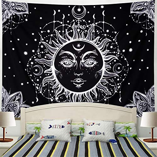 Product Cover Racunbula Sun and Moon Tapestry Burning Sun with Star Tapestry Psychedelic Black and White Mystic Wall Tapestry for Bedroom