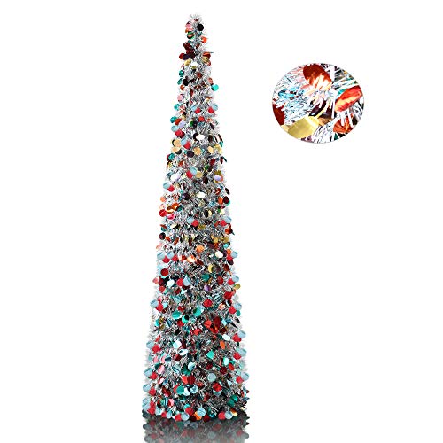 Product Cover YuQi 5' Silver Point Pop-Up Artificial Christmas Tree,Collapsible Pencil Christmas Trees for Apartments,Dorm Rooms,Fireplace or Party