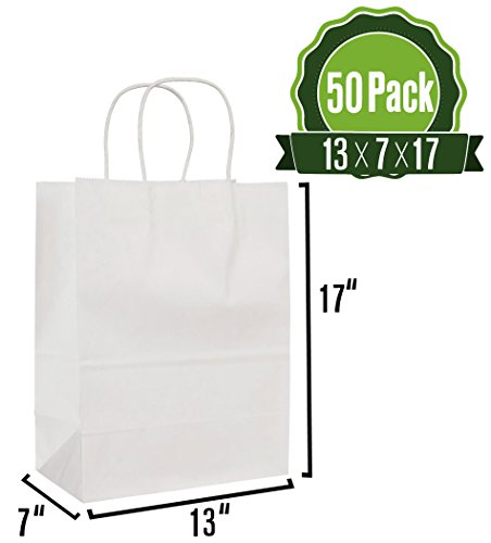 Product Cover White Kraft Paper Gift Bags Bulk with Handles 13 X 7 X 17 [50Pc]. Ideal for Shopping, Packaging, Retail, Party, Craft, Gifts, Wedding, Recycled, Business, Goody and Merchandise Bag